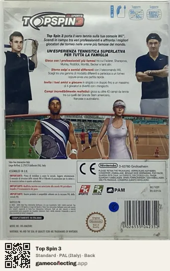 Top Spin 3 Nintendo Wii, Italy box back