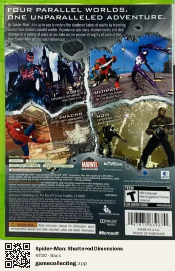 Spider-Man: Shattered Dimensions Xbox 360, NTSC box back