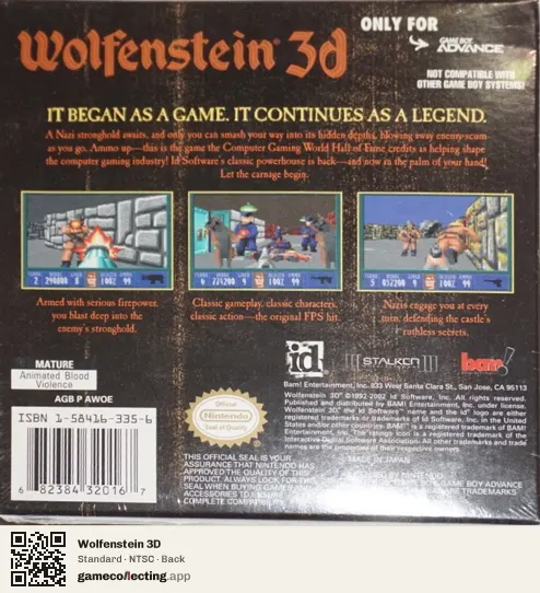 Wolfenstein 3D Game Boy Advance, NTSC box back