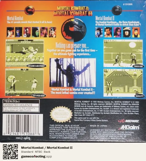 Mortal Kombat / Mortal Kombat II Game Boy, NTSC box back