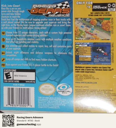 Racing Gears Advance Game Boy Advance, NTSC box back