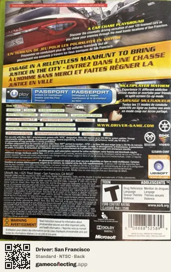 Driver: San Francisco Xbox 360, NTSC box back