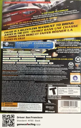 Driver: San Francisco Xbox 360, NTSC box back