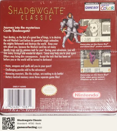Shadowgate Classic Game Boy Color, NTSC box back