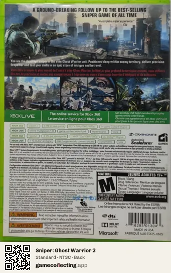 Sniper: Ghost Warrior 2 Xbox 360, NTSC box back
