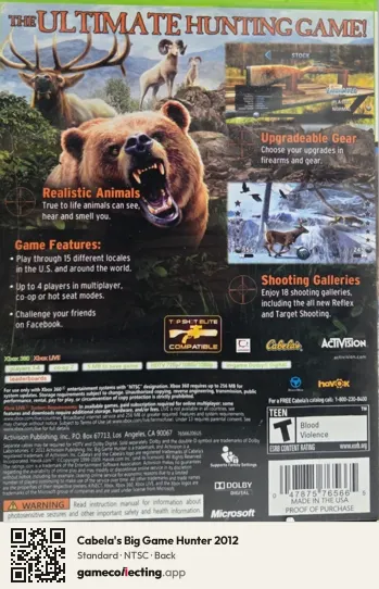 Cabela's Big Game Hunter 2012 Xbox 360, NTSC box back