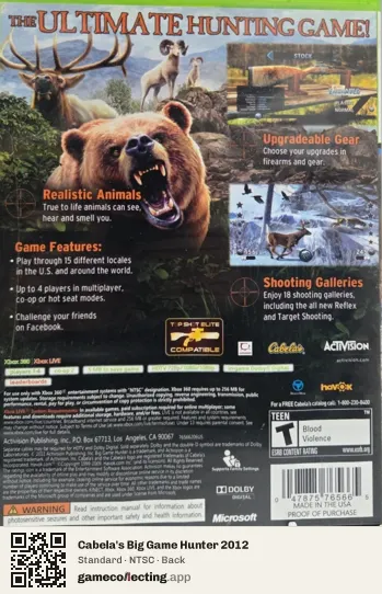 Cabela's Big Game Hunter 2012 Xbox 360, NTSC box back