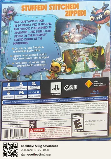 Sackboy: A Big Adventure PlayStation 4, NTSC box back