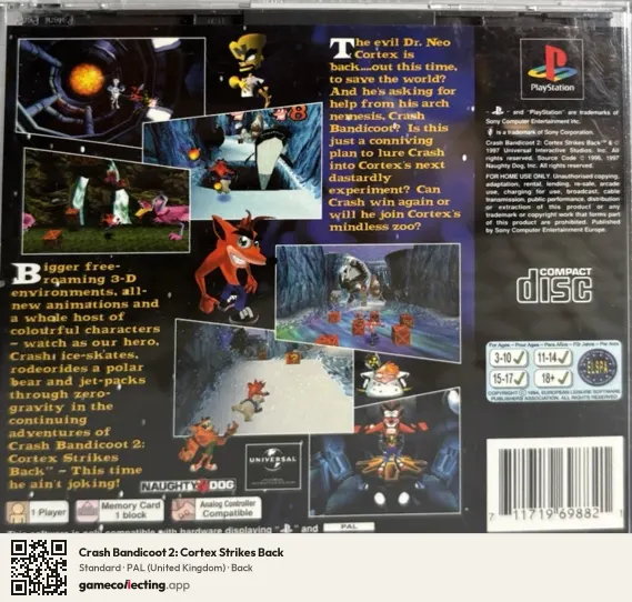 Crash Bandicoot 2: Cortex Strikes Back PlayStation, United Kingdom box back