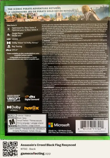 Assassin's Creed Black Flag Resynced Xbox Series X, NTSC box back