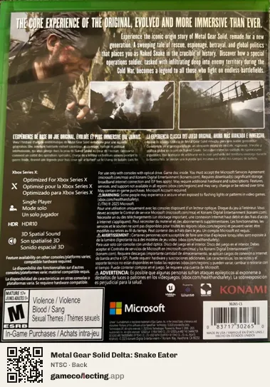 Metal Gear Solid Delta: Snake Eater Xbox Series X, NTSC box back