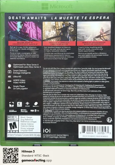 Hitman 3 Xbox Series X, NTSC box back