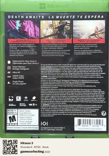 Hitman 3 Xbox Series X, NTSC box back