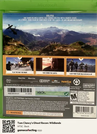 Tom Clancy's Ghost Recon: Wildlands Xbox One, NTSC box back