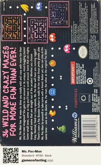 Ms. Pac-Man Super Nintendo Entertainment System, NTSC box back