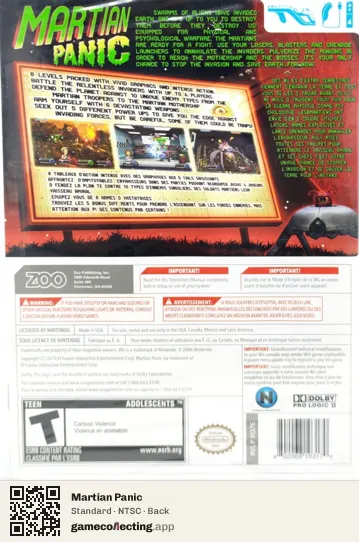 Martian Panic Nintendo Wii, NTSC box back