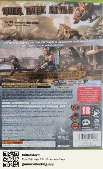 Bulletstorm Xbox 360, France box back
