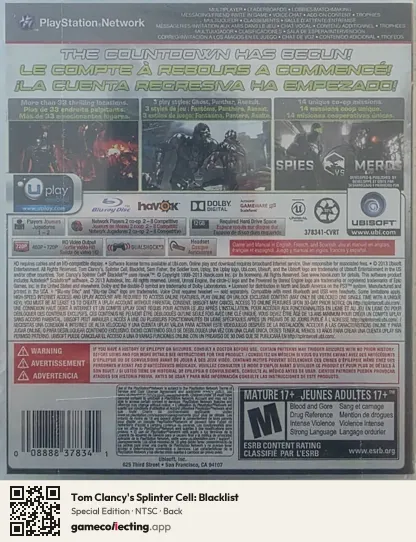 Tom Clancy's Splinter Cell: Blacklist PlayStation 3, NTSC box back