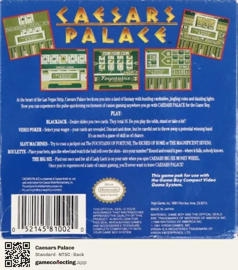 Caesars Palace Game Boy, NTSC box back