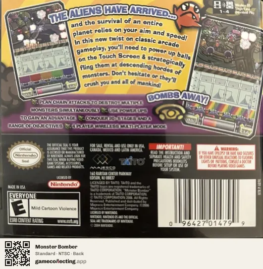 Monster Bomber Nintendo DS, NTSC box back