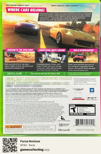 Forza Horizon Xbox 360, NTSC box back
