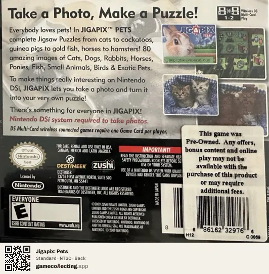 Jigapix: Pets Nintendo DS, NTSC box back