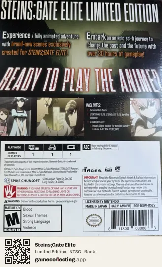 Steins;Gate Elite Nintendo Switch, NTSC box back