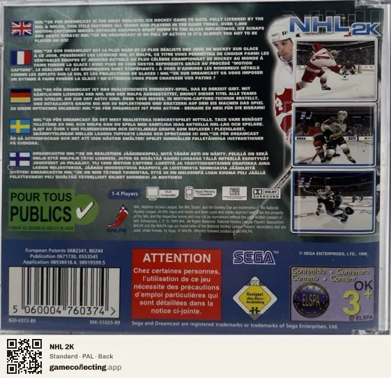 NHL 2K Sega Dreamcast, PAL box back