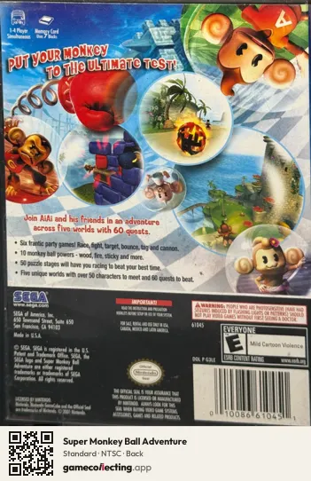 Super Monkey Ball Adventure Nintendo GameCube, NTSC box back