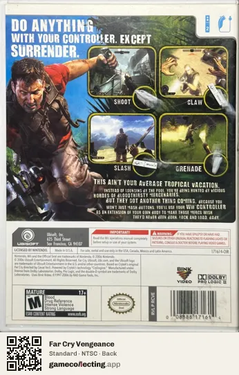Far Cry Vengeance Nintendo Wii, NTSC box back