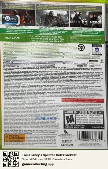 Tom Clancy's Splinter Cell: Blacklist Xbox 360, Canada box back