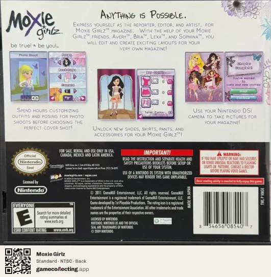 Moxie Girlz Nintendo DS, NTSC box back