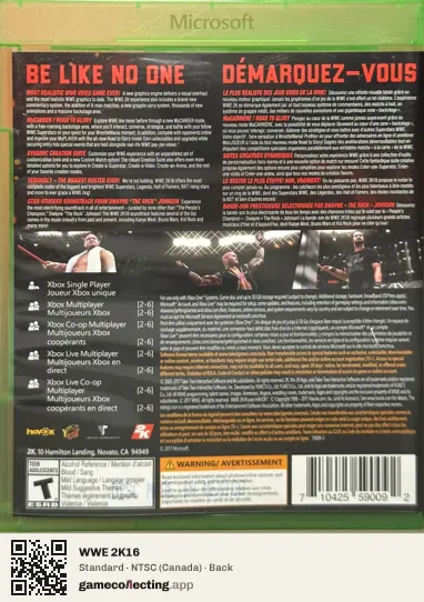 WWE 2K16 Xbox One, Canada box back