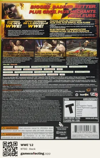 WWE '12 Xbox 360, NTSC box back
