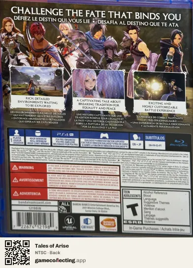 Tales of Arise PlayStation 4, NTSC box back