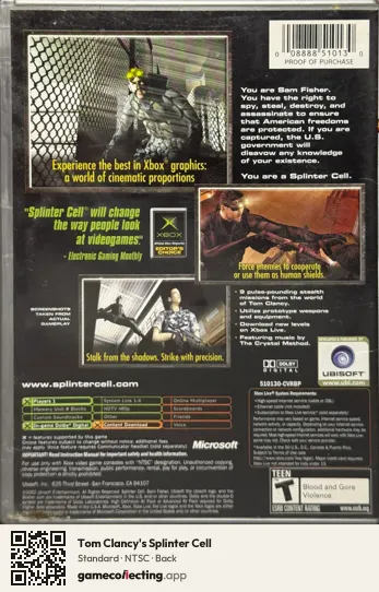 Tom Clancy's Splinter Cell Xbox, NTSC box back