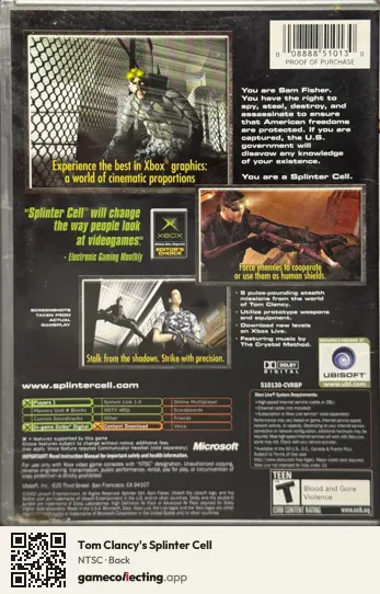 Tom Clancy's Splinter Cell Xbox, NTSC box back