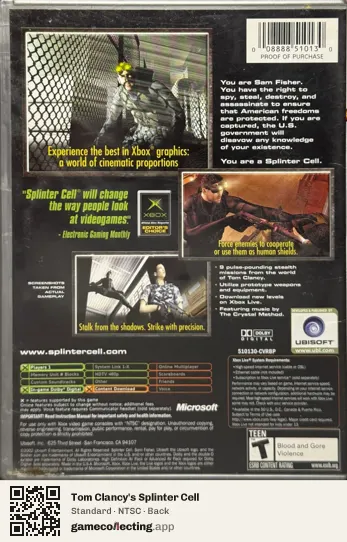 Tom Clancy's Splinter Cell Xbox, NTSC box back