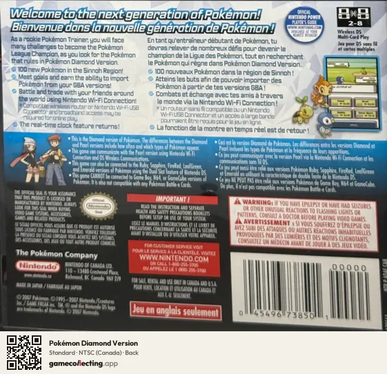 Pokémon Diamond Version Nintendo DS, Canada box back