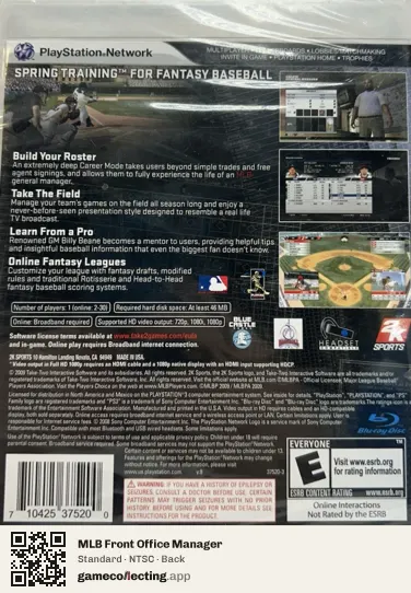 MLB Front Office Manager PlayStation 3, NTSC box back