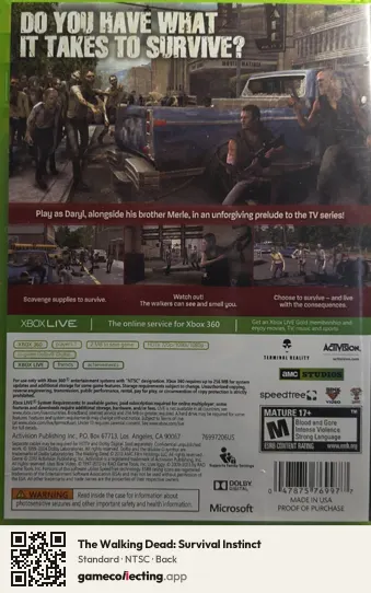 The Walking Dead: Survival Instinct Xbox 360, NTSC box back