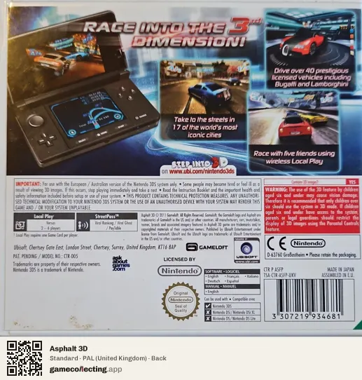 Asphalt 3D Nintendo 3DS, United Kingdom box back