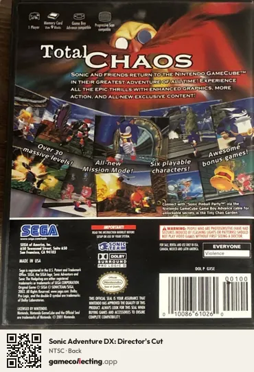 Sonic Adventure DX: Director's Cut Nintendo GameCube, NTSC box back