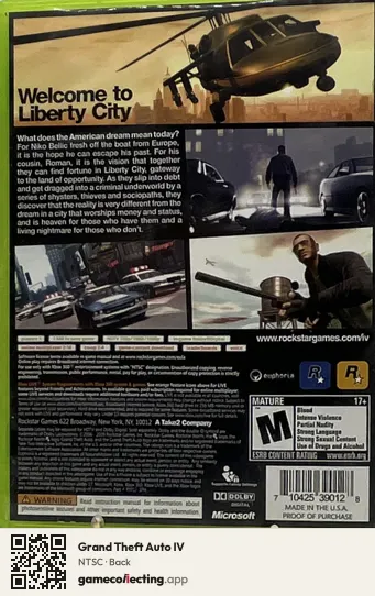 Grand Theft Auto IV Xbox 360, NTSC box back