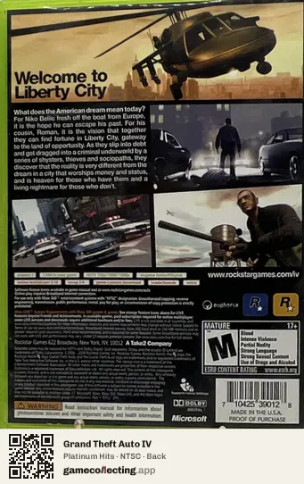 Grand Theft Auto IV Xbox 360, NTSC box back