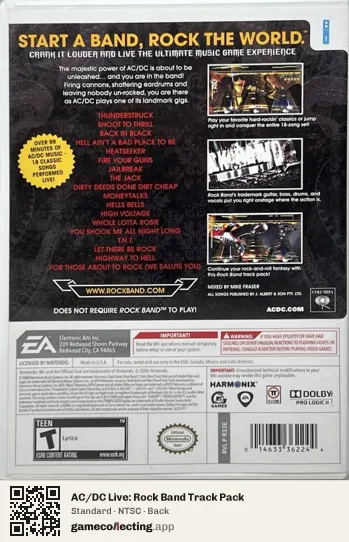 AC/DC Live: Rock Band Track Pack Nintendo Wii, NTSC box back