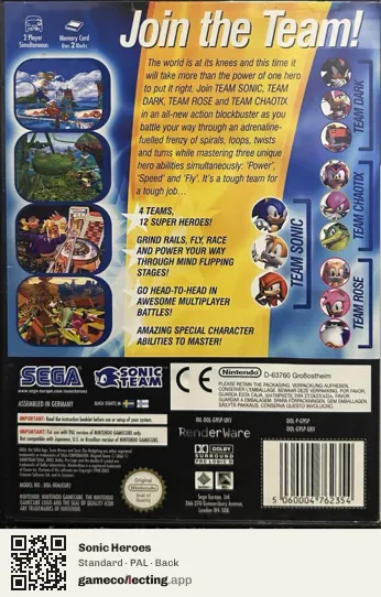 Sonic Heroes Nintendo GameCube, PAL box back