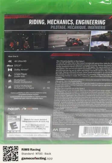 RiMS Racing Xbox One, NTSC box back