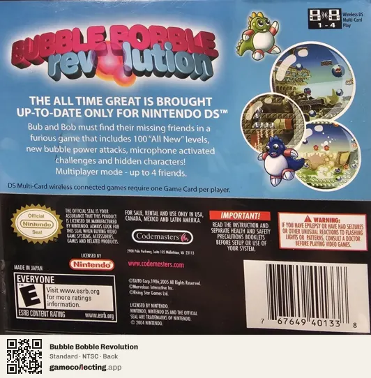 Bubble Bobble Revolution Nintendo DS, NTSC box back