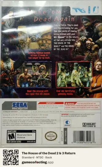 The House of the Dead 2 & 3 Return Nintendo Wii, NTSC box back